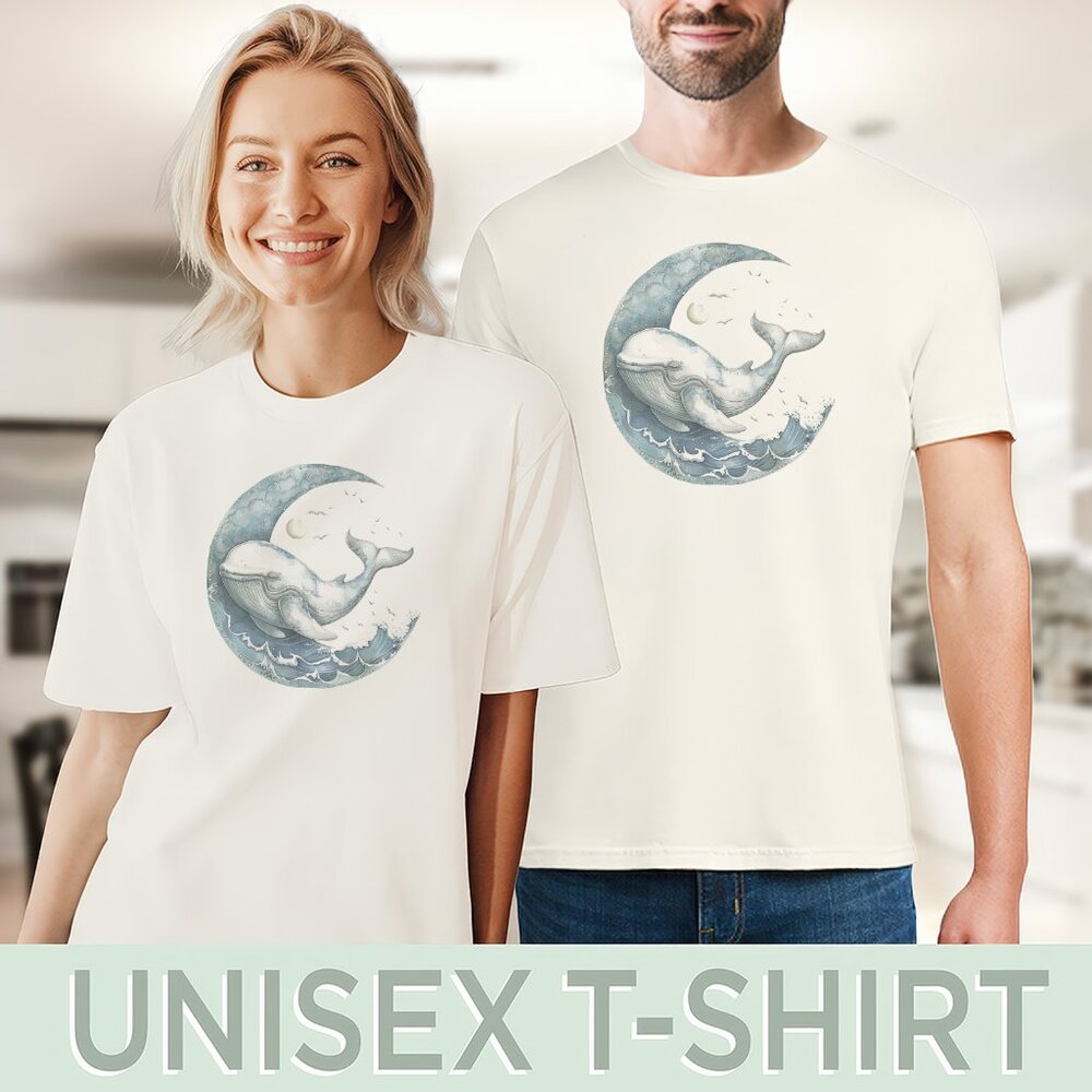 Moon Whale Shirt Celestial Ocean Tee Graphic Nautical Top - Picture 5 of 6